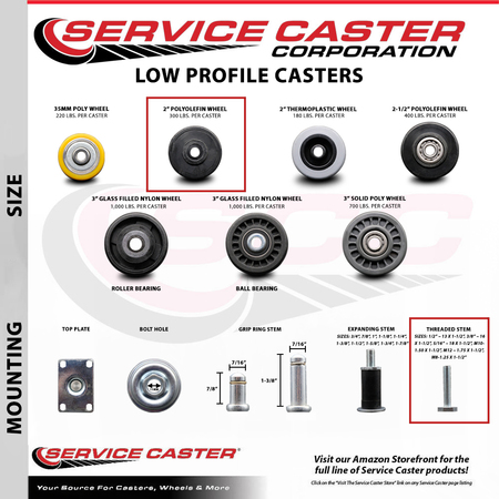 Service Caster Low Profile Polyolefin 2'' Wheel 1/2'' Threaded Stem Caster Set with 2 Brakes, 4PK SCC-TS04S211316-POS-121315-2-SLB-2